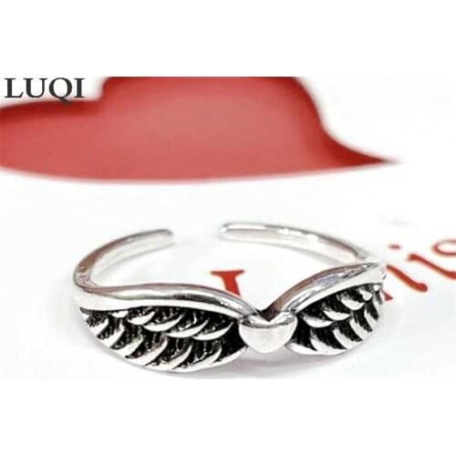 Womens Fashion S925 Vintage Thai Silver Heart-shaped Wings Personalized Open Rings R185