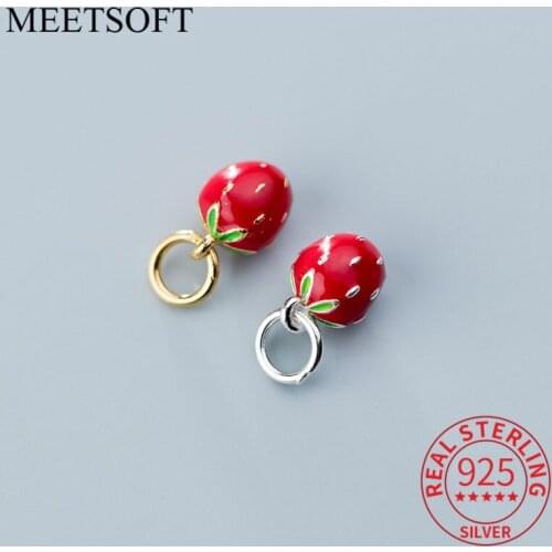 MEETSOFT Romantic 925 Sterling Silver Red Strawberry Dangle Charms DIY Handmade Jewelry Prevent Allergy Deocration Accessory