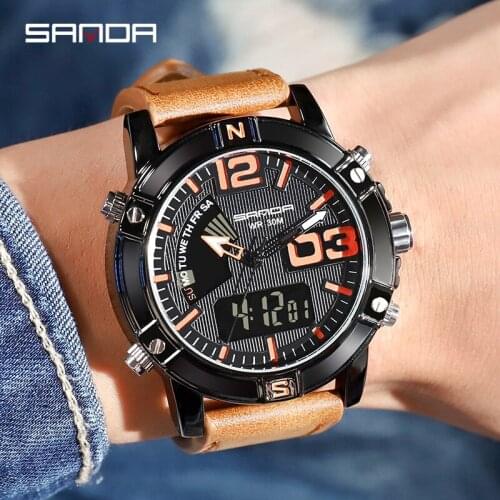Fashion Men Watches Dual Display Men Sports Watches Sanda Leather Band Led Display Analog Digital Quartz Wristwatches Men 773