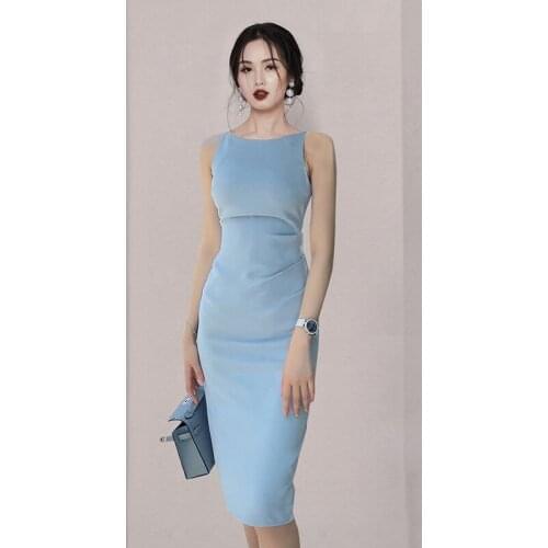 Summer Dress Evening Elegant Vintage Sleeveless Women Dresses Bodycon Bandag Blue Wrap Sundress Slim Party Sexy Korean Clothes