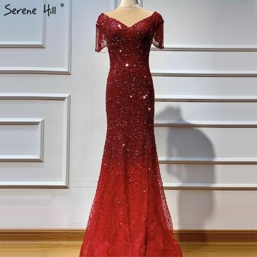 Serene Hill Luxury Wine Red Elagant Mermaid Evening Gowns 2020 Sexy Beading Tassel For Women Party LA6233