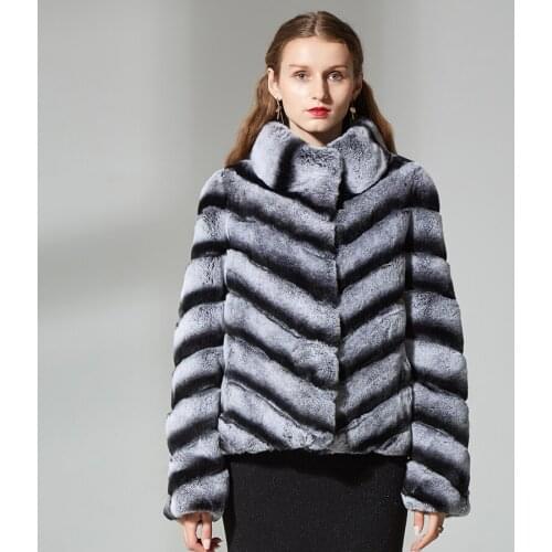 Winter Slim Coat Natural Rabbit Fur Jacket Fashion Striped Short For Women Outwear Beige Color Stand-Collar Overcoat
