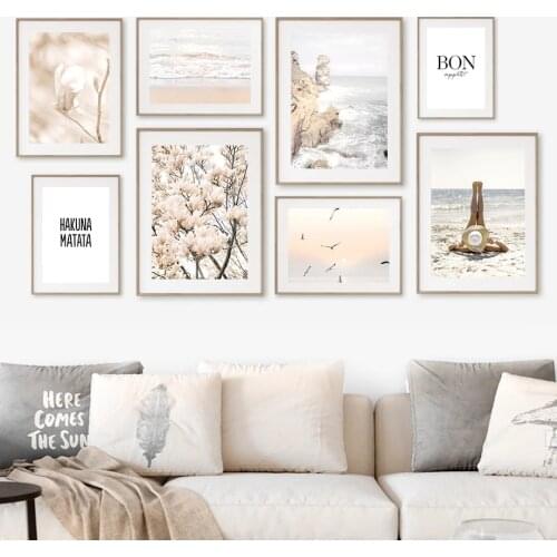 Sunset Landscape of Flowers Seaside Waves Seagulls Poster Wall Art Canvas Painting Print Wall Picture for Living Room Home Decor