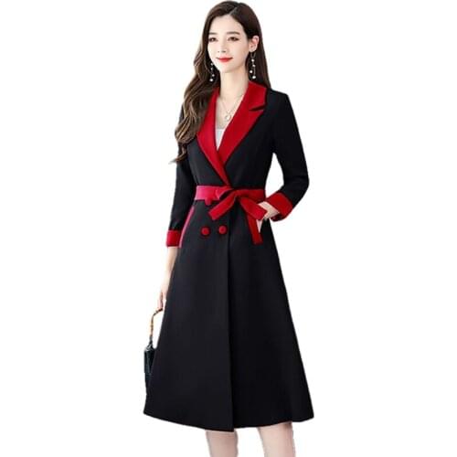 Plus Size S-4XL Spring Womens Elegant Windbreaker Korean Clothing Femme Robe Slim Suit Collar Double-Breasted Coat Black Red