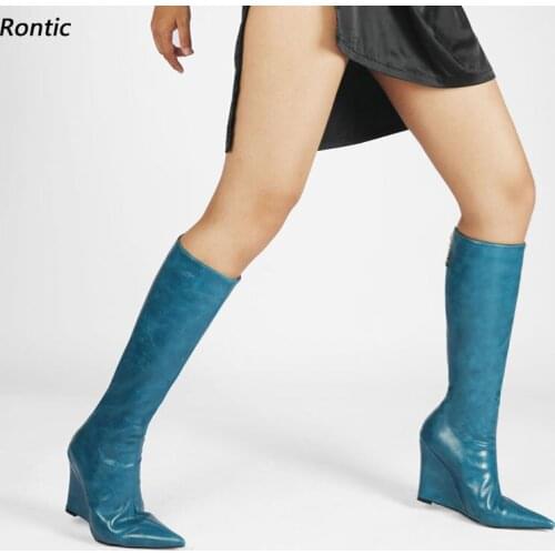 Rontic Handmade Women Winter Knee Boots Back Zipper Wedges Heel Pointed Toe Beautiful Blue Brown Night Club Shoes US Size 5-10.5