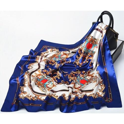 POBING Silk Square Scarf Women Floral Print Foulard Satin Hijab Bandana Lady Neckerchief Femme Tie Band Head Scarves 90cm*90cm