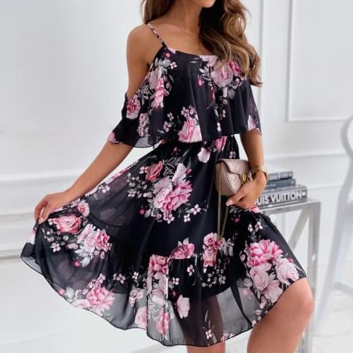 Women Off Shoulder Flower Print Dress 2021 Boho Casual Spaghetti Strap Floral Dress Female Elegant A Line Holiday Party Vestidos