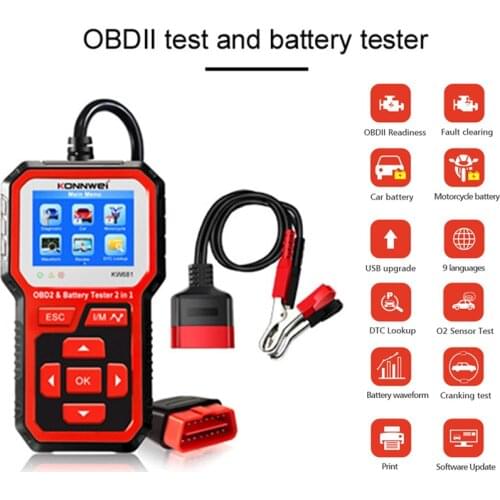 2 In1 Car Battey Tester Fault Scanner Diagnosis Instrument KW681 OBD2 Scanner Digital Diagnostic Analysis Tool 12V Lead Acid AGM