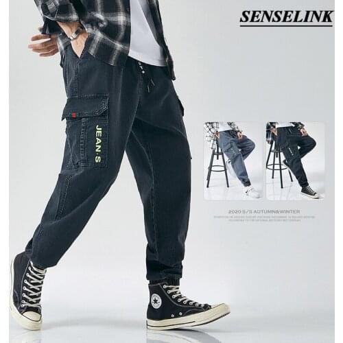2021 Men Solid Color Casual Cargo Pants Japanese Loose Multi-Pocket Fashion Jeans Big Size Elastic Waist Cargo Pants Men M-8Xl