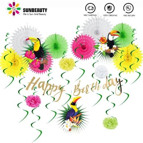 Toucan Theme Tropical Party Decorations for Happy Birthday Banner Palm Leaves FansTropical Hawaiian Summer Luau Party Decor