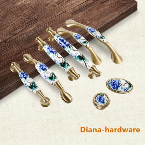 Blue Peony Ceramic Cabinet Handles Chinese Drawer Knobs Pulls Wardrobe Cupboard Door Handles European Furniture Handle Hardware