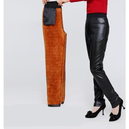 Idopy Fashion Womens Black Faux Leather Pants Autumn Winter Thick Warm High Waist PU Soft Faux Leather Trousers For Female