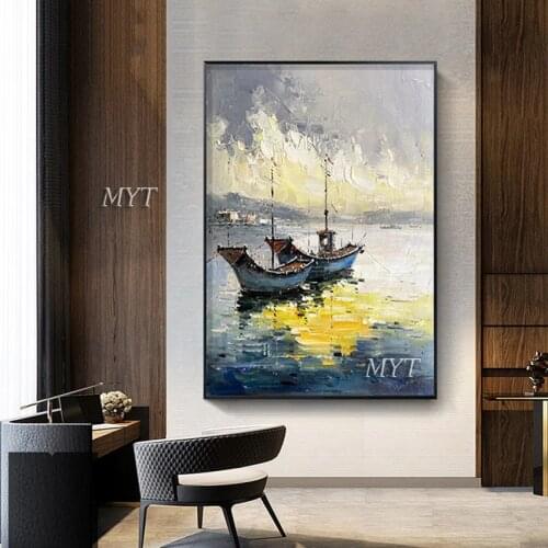 Handmade oil painting seascape two boat knife painting wall art picture home decoration hotel decorative painting