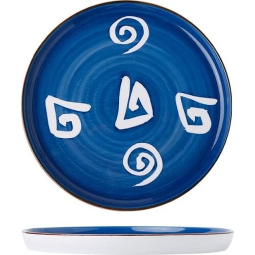 Nordic Style Hand Painted Ceramic Plate 8 Inch 10 Inch Blue Patterned Round Dessert Dishes Dinner Plates Japanese Tableware