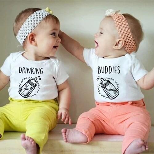Drinking Buddies Newborn Baby Twins Bodysuits Funny Cotton Short Sleeve Body Baby Boys Girls Onesie Rompers Infant Outfits