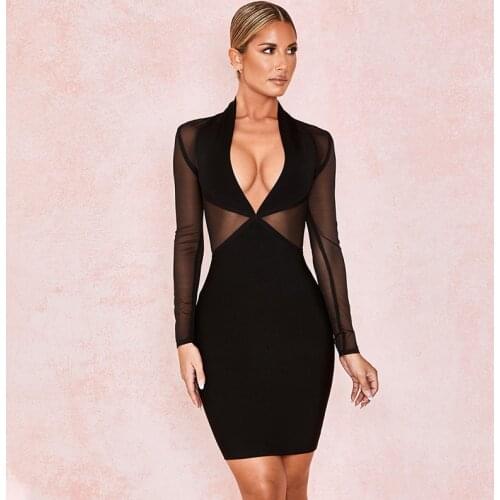 LUO XIAO HEI STORE 2020 New Long Sleeve Bodycon Bandage Dress Women Sexy Black Lace Hollow Out Celebrity Evening Party Dress