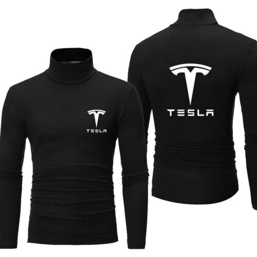 Autumn Hot sale new high-neck long-sleeved Mens t-shirt Tesla car logo print Solid color lining Mens autumn pullover clothes