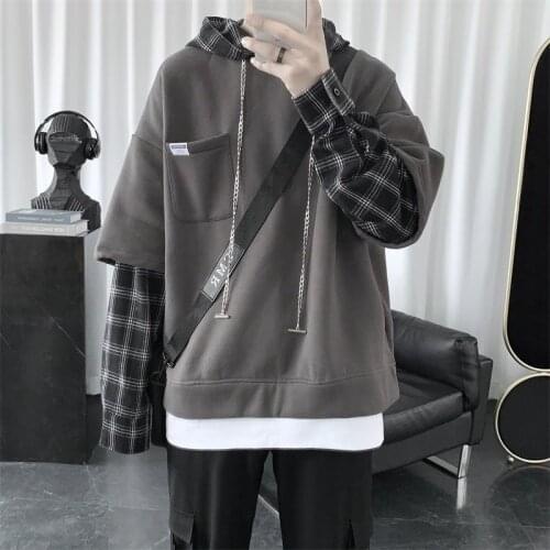 Fake Two-Piece Hoodie Men Plaid Hooded Sweater Korean 2020 Spring Loose Couples Jacket Fake Two Hoodies Hoodies Sweatshirts