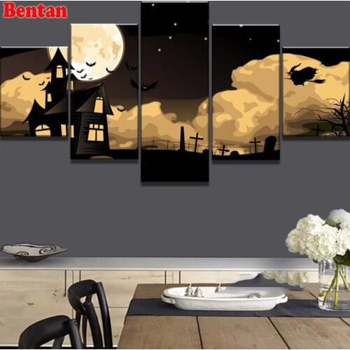 5 pcs set Diamond Painting Halloween Bat Castle 5D Diy Mosaic Drill Resin Embroidery bead Cross Stitch Kit Background decor