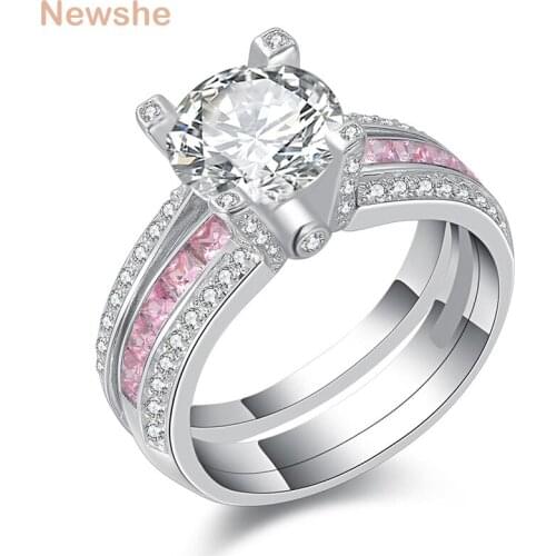 Newshe Engagement Rings Set For Women Round Cut AAAAA Cubic Zircon Pink Color Wedding Band Fashion Jewelry Gift Limited Size