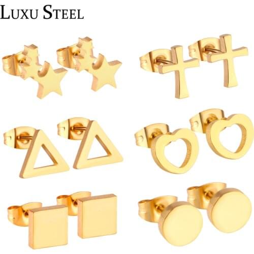 LUXUSTEEL Earring Sets Round/Star/Heart/Square/Triangle/Cross Shape 6Pairs/Box Stud Earrings Push Back Jewelry Gift