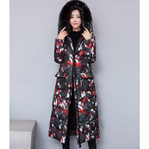 New Winter Jacket Women X-Long thicken Fur Collar Hooded Cotton Padded Parka camouflage coat black loose outwear hot sale GA1412