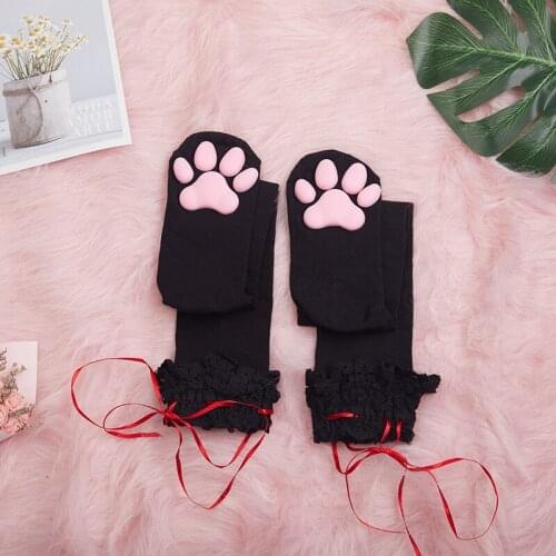 Sexy Cat Paw Stockings Lolita Lace Thigh High Over the Knee Fashion Long Cotton Socks Anime Cosplay Japanese Socks with Ribbon
