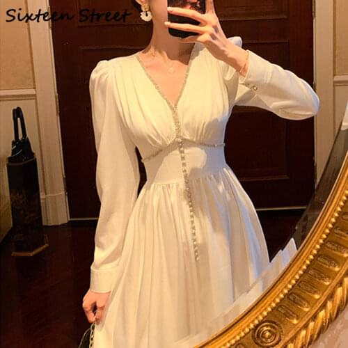 New Elegant White Party Maxi Dress Woman Diamond V-neck High Waist Elegant Solid Vestidos Lady Long Sleeve Dresses Female Cloth