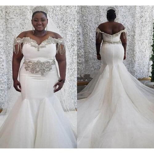 Plus Size Mermaid Wedding Dresses 2021 Beaded Crystal Tassel Sweep Train African Queen Bridal Garden Wedding Gown robe de mariée