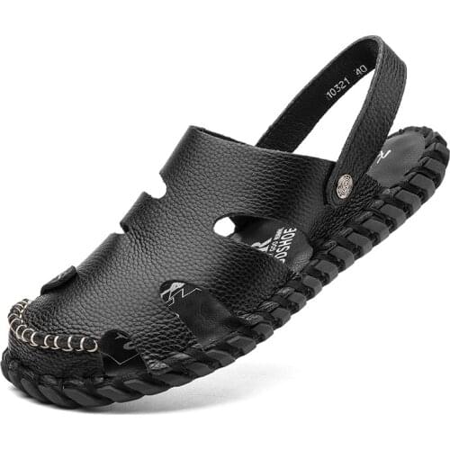 Summer Genuine Leather Mens Sandals Massage Mid-sole Health Slippers For Men Handmade Sewing Outdoor Beach Sandals For Men