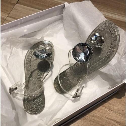 Clear Pvc Big Square Crystal flats T-Strap Ankle Buckle Summer Women Sandals Flip Flops Sandalias De Mujer