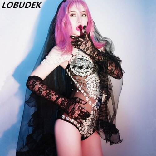 Sexy See Through Black Mesh Rhinestones Bodysuit Nightclub DJ Singer Bar Stage Performance Costume Dancer Team Rave Show Leotard