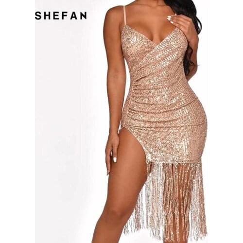 Shefan 2020 New Sexy Sequin Tassel Women Dress Party Solid Bodycon Bandage Midi Club Dress Vestido De Festa Dresses Brazil Tunic