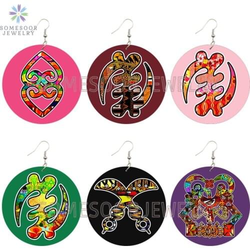 SOMESOOR Retro Gye Nyame African Symbol Printed Wooden Drop Earrings Akofena Ethnic Art Loops Dangle Jewelry For Women Gifts