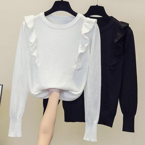 Ruffle Sweaters Women Casual Pullover Vintage Knitted Sweater With Pocket O Neck Loose Sweater Female Hip Hop Sueter Mujer 2021