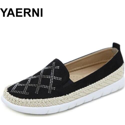 YAERNIWomen Moccasins Platform Slip On Rhinestones Flat Shoes Casual Stitching Hemp Shoes For Woman Flock Moccasins Shoes women