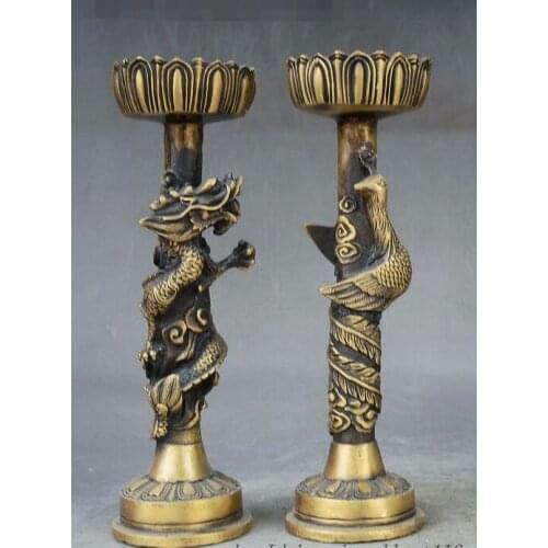 Marked China Dynasty Dragon Phoenix Statue Candle Holder Candlestick Pair