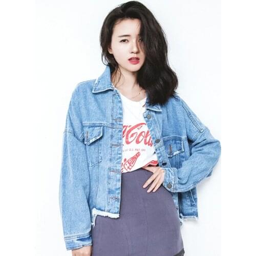 Spring Autumn Womens Korean Washed Blue Irregular Denim Jacket Tops Female Long Sleeve Lapel Button Cardigan Loose Short Coat