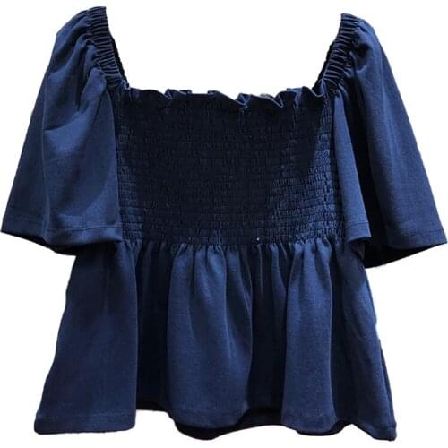 Square collar pleated women blouse 2020 summer new flare sleeved solid pleated patchwork short high waist female pulls tops tee