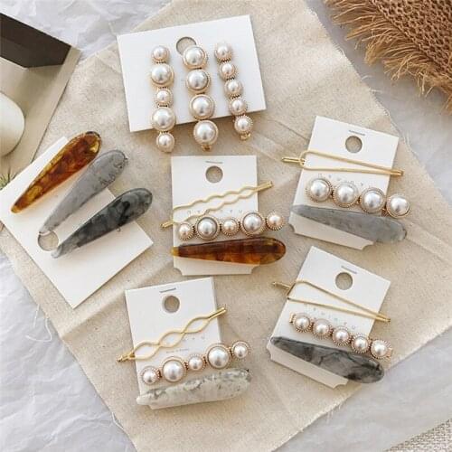 1SET Korea Chic Imitiation Pearl Hairpin Irregular Metal Gold Silver Bowknot Acrylic Hair Clips for Women Girls Hair Accessories