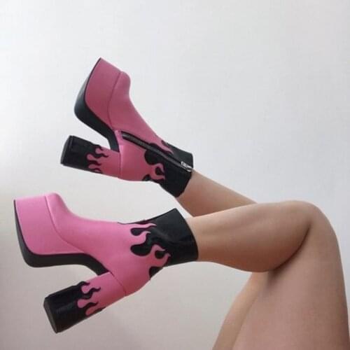 2021 New Arrival Ladies Platform High Heel Ankle Boots Goth Cool Black Print Zipper Winter Autumn Popular Women Shoes Fashion