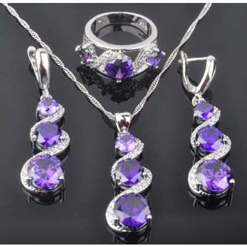 New 2020 New Purple Zircon Womens Silver Plated Jewelry Sets Earrings/Pendant/Necklace/Rings Free Shipping QZ0135