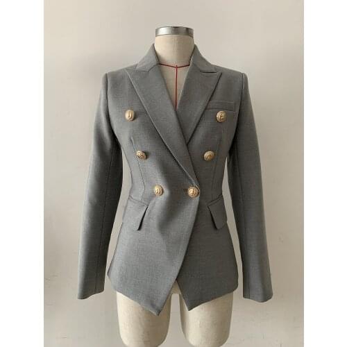 HIGH STREET New Fashion 2021 Stylish Blazer Jacket Womens Lion Gold Buttons Double Breasted Career Blazer Outer Wear