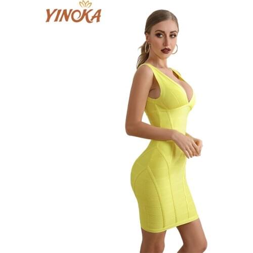 Yinoka 2020 bandage dresses bodycon vestidos v neck yellow red pink party midi sex night clubwear celebrity evening luxury dress