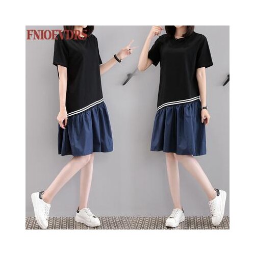 Plus Size Clothes Summer Loose Women Dress Short Sleeve Patchwork Faux Two Piece Casual Dresses