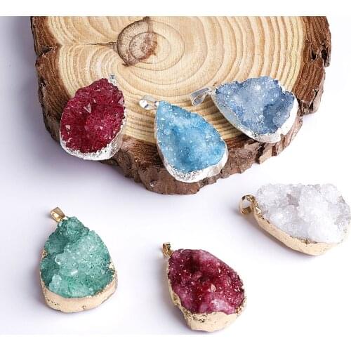 1pc Agates Drusy Natural Stone Pendant Necklace Gold-color Raw Crystal Necklace For Women Jewelry DIY