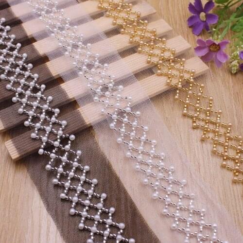 1Yards Tulle Beaded Lace Ribbon African Lace Fabric Beaded Fringe Trim Embroidered Collar Decoration Fabric Sewing Lace Material