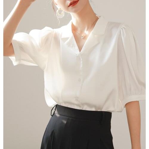 White shirt women summer short sleeve v-neck shirt lantern sleeve tops 9136