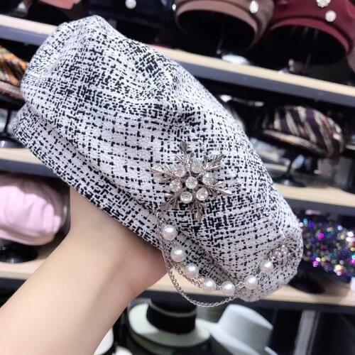 Diamond Decoration Beret Hat for Women French Designer Baret Cap with Pearls Embellishment Plaid Painter Octagonal Hats