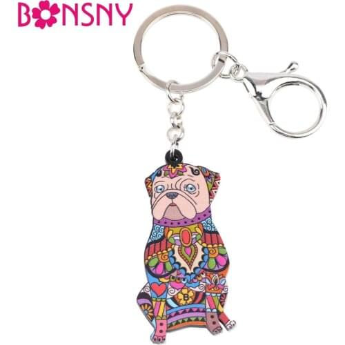 Bonsny Acrylic Dog Jewelry Terrier Pug Dog Key Chain Key Ring Pom Gift For Women Girl Bag Charm Keychain Pendant Jewelry Design